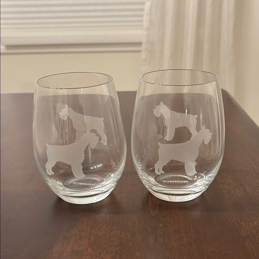 2 pc Etched Schnauzer Stemless Wine Glasses